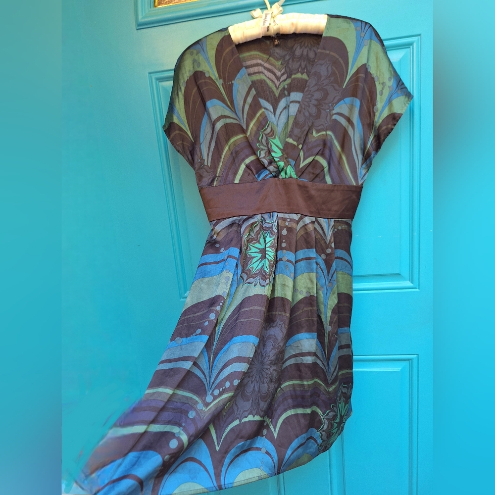 Vintage Silk Dress Y2K VNeck Teal loop Colors Gorgeous Print Short Sleeve